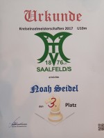Uhrkunde Noha Seidel 3. der Kreiseinzelmeisterschaft U10 im Schach inSaalfeld 13.05.2017